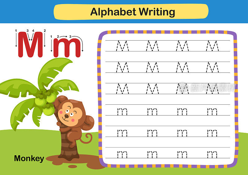 Alphabet Letter exercise M-Monkey with cartoon vocabulary